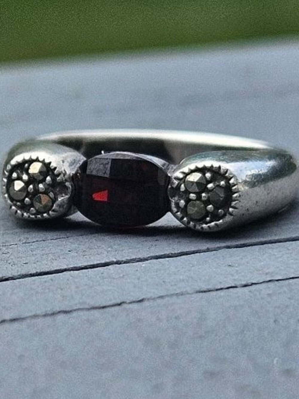 Beautiful Marcasite and Garnet Silver Ring
